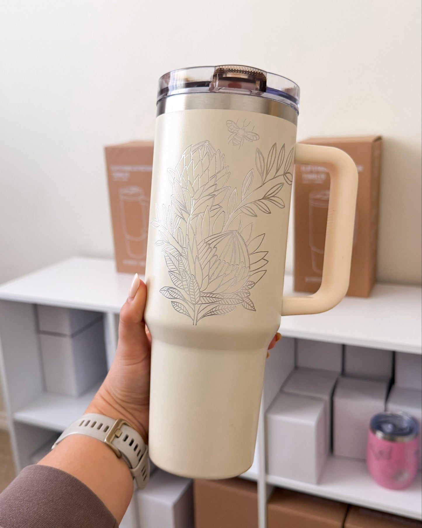 Hand Engraved 40oz Tumbler | Buttercream Flora