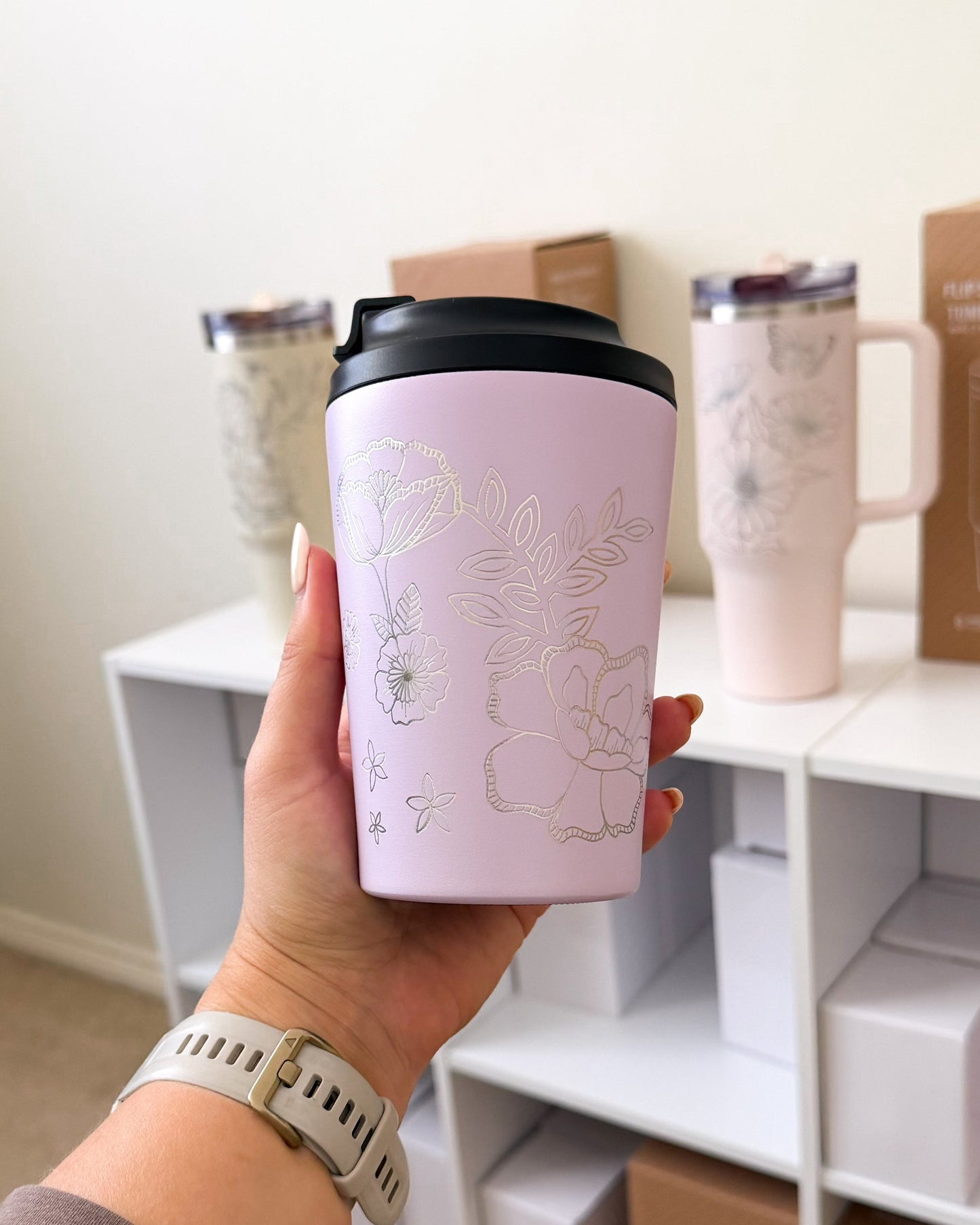 Hand Engraved 12oz Coffee Cup | Lilac Blossom